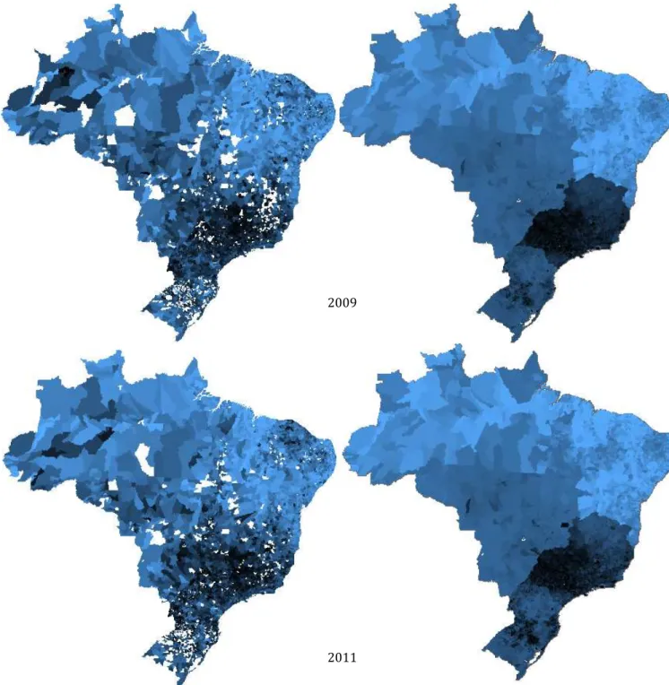 Figura 3. Resultados do 5ª ano do ensino fundamental na Prova Brasil em matemática em 2009 e  2011 e valores preditos 