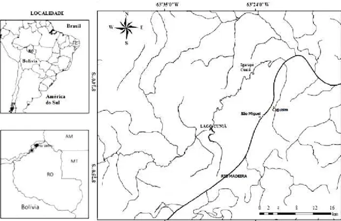 Figura 1. Mapa mostrando a localização na América do Sul e no estado de Rondônia dos lagos Cuniã,  Cujubim e São Miguel (modificado de  Queiroz et al., 2013).