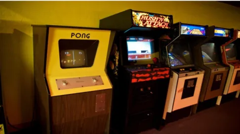 Figura 1 – Exemplo de máquinas arcade, sendo o primeiro da esquerda para a direita o Pong  da Atari