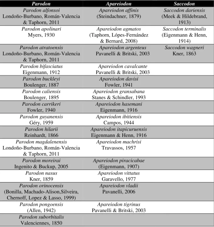 Tabela 1. Espécies válidas para a família Parodontidae. 