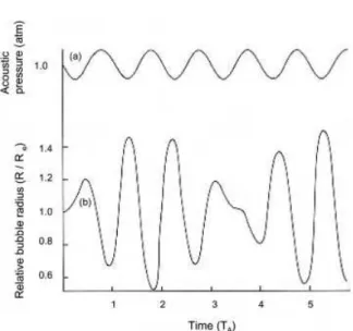 Fig. 2.21. Radius-time curve for a cavity insonated below resonance frequency; R e  2:6  10  3 cm; P A  0:333 atm; P h  1 atm; (a) applied frequency, 83.4 kHz; (b) relative radius of bubble.