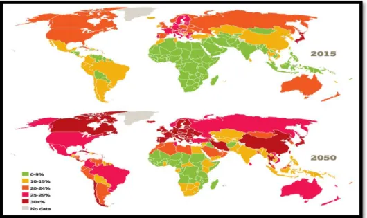 Figura 4 - Distribuição da taxa de envelhecimento no mundo em 2015 e projeção para 2050 