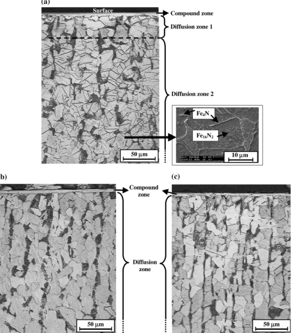 Fig. 3. Cross-section of samples nitrided at 500 °C and cooled (a) on the substrate holder, (b) at the bottom of the chamber and (c) in oil reservoir.