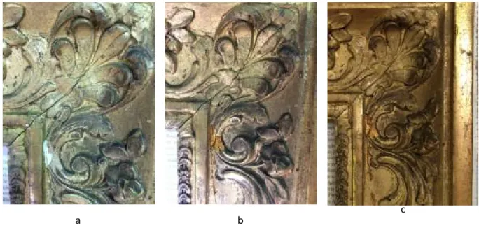 Fig. 81 – Sucessão de imagens do processo de reintegração cromática da moldura (a- massa de preenchimento,  b- aplicação de tinta dourada, c- aplicação camada vieux châine)