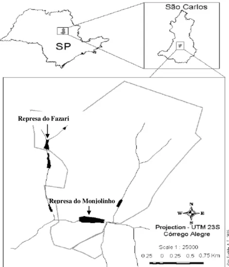 Figura  5  -  Mapa  da  localização  da  represa  do  Fazzari  e  do  Monjolinho,  São  Carlos,  SP