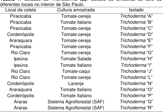 Tabela  1.  Isolados  de  Trichoderma  spp.  obtidos  de  amostras  de  solo  de  diferentes locais no interior de São Paulo.