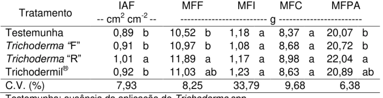 Tabela  6.  Índice  de  área  foliar  (IAF),  massa  fresca  das  folhas  (MFF),  massa  fresca das inflorescências (MFI), massa fresca do caule (MFC) e massa fresca  parte  aérea  (MFPA)  do  tomateiro-cereja  em  cultivo  inicial  com  isolados  de  Tric