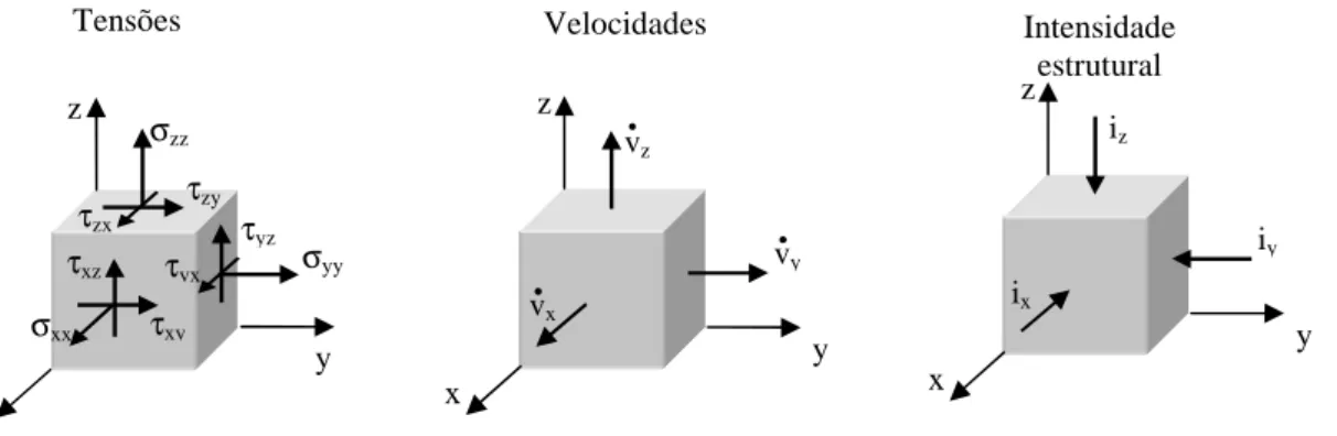 Figura 1- Representação das componentes do tensor das tensões, da velocidade e da  intensidade estrutural instantânea