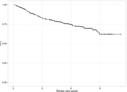 Figura 2 – Gr´afico da sobrevivˆencia estimada pelo m´etodo de Kaplan-Meier para dados referentes ao tempo at´e a recidiva do cˆancer de mama em 355 pacientes diagnosticadas e previamente tratadas no Hospital Prof