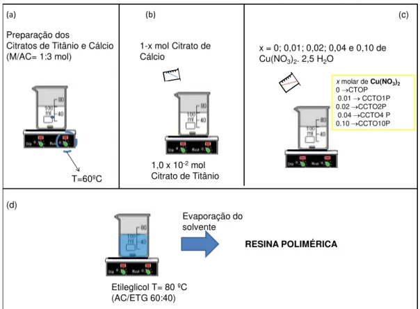 FIGURA 3.3. Representação esquemática da obtenção das resinas poliméricas de  (Ca 1-x Cu x )TiO 3 .