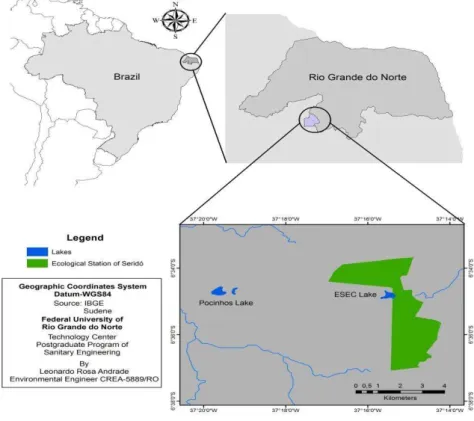 Fig.  1-  Localização  geográfica  do  município  de  Serra  Negra  do  Norte,  com  destaque  para  os  lagos  artificiais  da  ESEC-Seridó  e  Pocinhos,  na  fazenda  Solidão