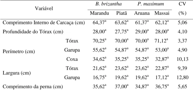 Tabela  4  – Características morfométricas médias das carcaças de cordeiros SPRD em  pasto de gramíneas tropicais 