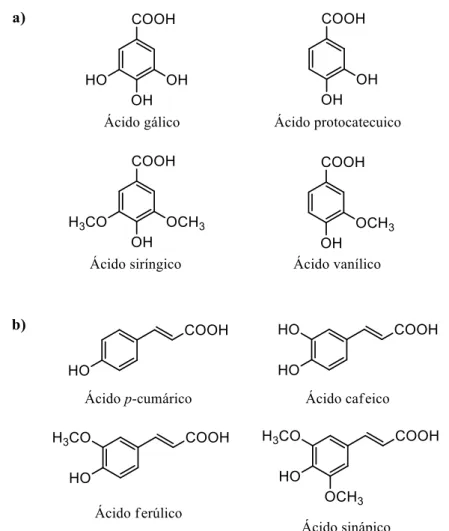Figura 4. Estrutura químicas de alguns a)  ácidos hidroxibenzoicos, e b) ácidos  hidroxicinâmicos [26].