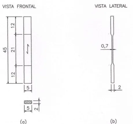 Figura 3.11  –  Corpo de prova de seção transversal retangular para ensaios de tração paralela  às fibras, (a) Vista Frontal e (b) Vista Lateral