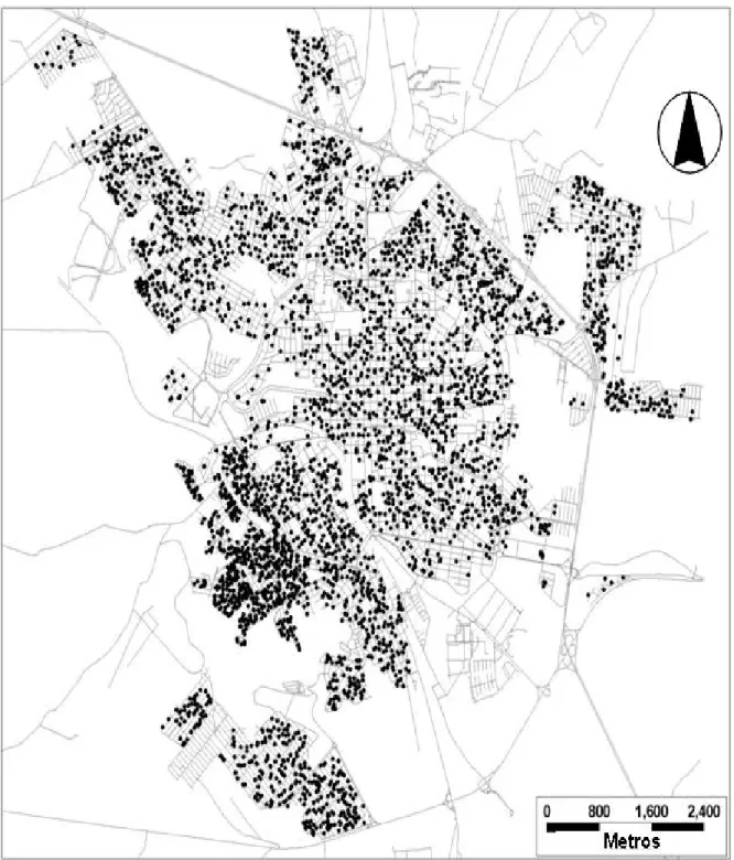 Figura 8: Base de pontos contendo os domicílios da cidade de São Carlos para os quais a pesquisa  de Rodrigues da Silva (2009) apresenta o levantamento de dados