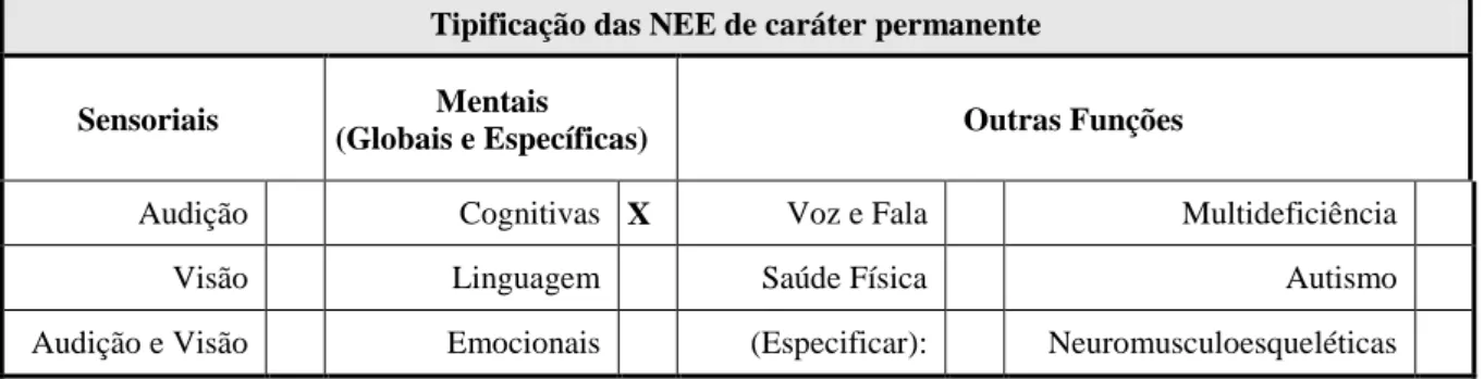 Tabela 5 – Tipificação das NEE de Carácter permanente 