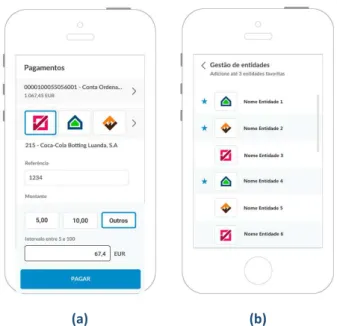 Figura 29  –  PAF da versão Mobile do widget de pagamento de serviços, (a) Formulário de  inserção dos dados; (b) Gestão de entidades favoritas