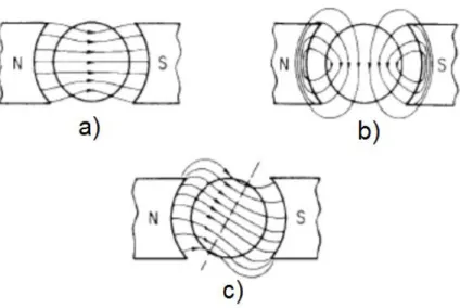 Figura 2.14 – Efeito da reação da armadura. a) Linhas de campo do estator (plano neutro) b) Linhas do campo do  rotor