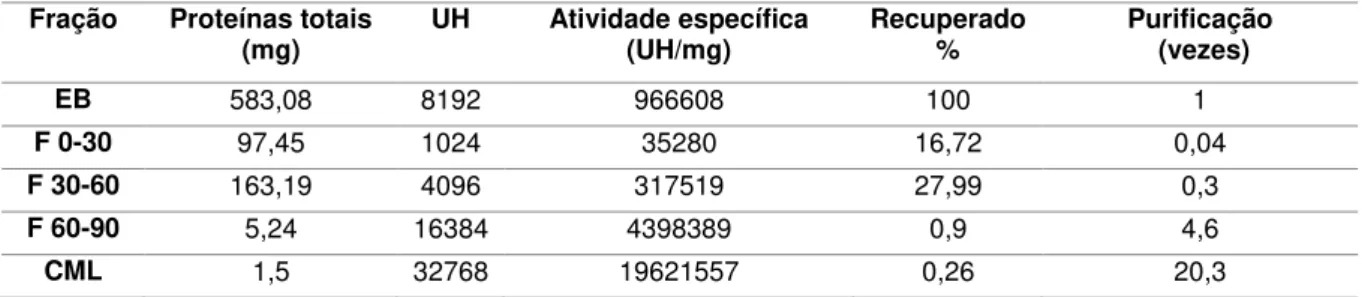 Tabela 1  – Resultados da purificação da lectina da leguminosa Canavalia maritima (CML) em diferentes  etapas