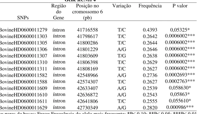 Tabela 6. Descrição dos SNPs do gene  KCNIP4 presentes no Illumina BovineHD BeadChip  que foram associados com CAR  em novilhos da raça Nelore