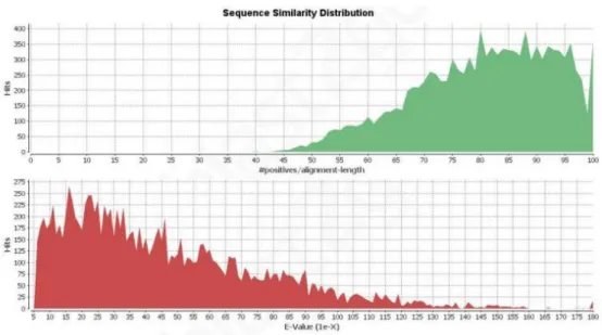 Figure 2: Sequence similarity distribution related to similarity (green) and e-value (red) values found  in blastX hits