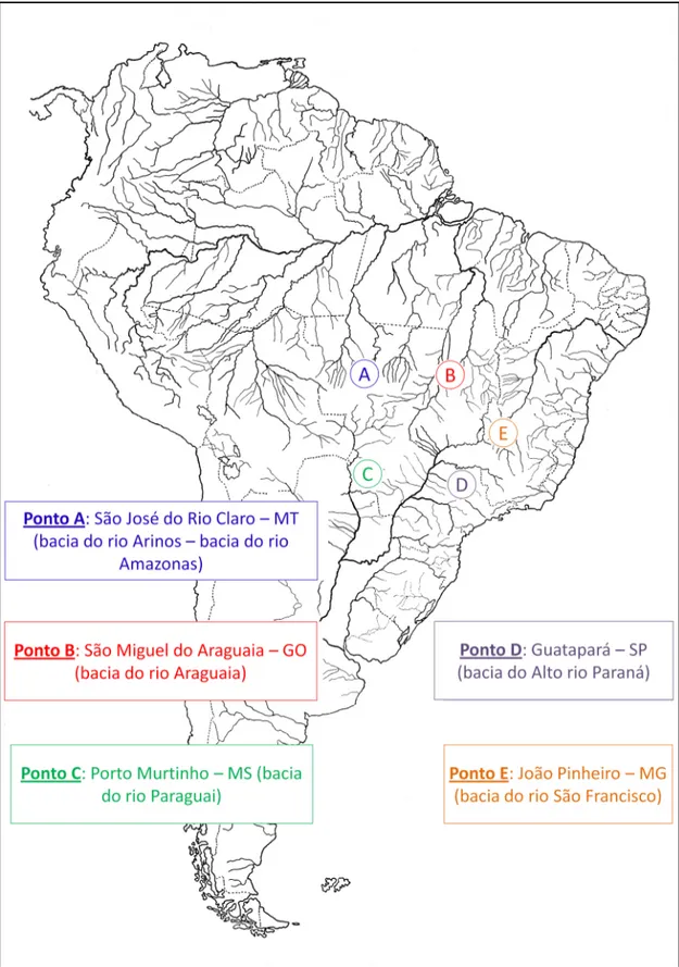 Figura 2: Mapa da América do Sul com todos os pontos de coleta. 