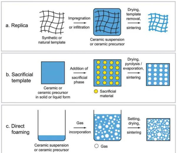 Figure 2.4  Scheme of possible processing routes used for the production of  macroporous ceramics [33]