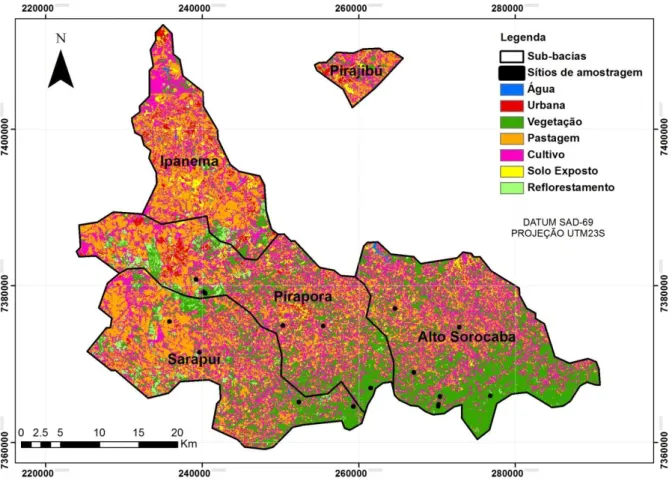 Figura  2.  Mapa  de  cobertura  do  solo  da  bacia  hidrográfica  do  rio  Sorocaba,  respectivas  sub-bacias  (Alto  Sorocaba; Sarapuí; Pirapora; Ipanema-Pirajibú) e posição dos sítios de amostragem (círculos pretos) na área de  estudo