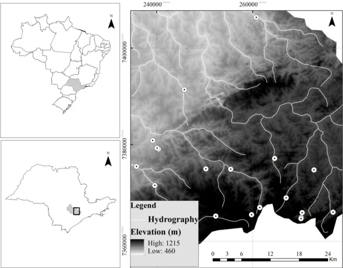Fig. 1  Map of the study area showing São Paulo State within Brazil (top left panel); Sorocaba River Basin (shaded)  and  sample  region  (square)  within  São  Paulo  State  (bottom  left  panel);    elevation  profile  and  hydrography  with  position of