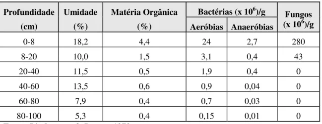 Tabela 1 - Quantidade de Micro-organismos no Solo  Profundidade  (cm)  Umidade (%)  Matéria Orgânica (%)  Bactérias (x 10 6 )/g  Fungos (x 106 )/g  Aeróbias  Anaeróbias  0-8  18,2  4,4  24  2,7  280  8-20  10,0  1,5  3,1  0,4  43  20-40  11,5  0,5  1,9  0,