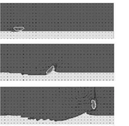 Figure 14: Skipping of a round bottom shaped stone (left=simulation, right=experiment)  Source: Yabe et al (2002) 