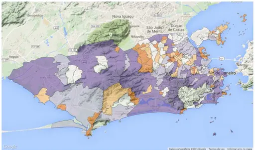 Figura 8 – Participantes do Réveillon por bairro do município do Rio de Janeiro. Os tons de roxo identificam os bairros com maior número de participantes enquanto os tons de laranja os com menor número.