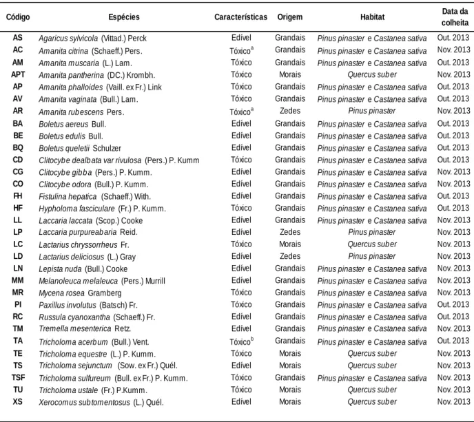 Tabela 4 – Caracterização das espécies de cogumelo analisadas. 