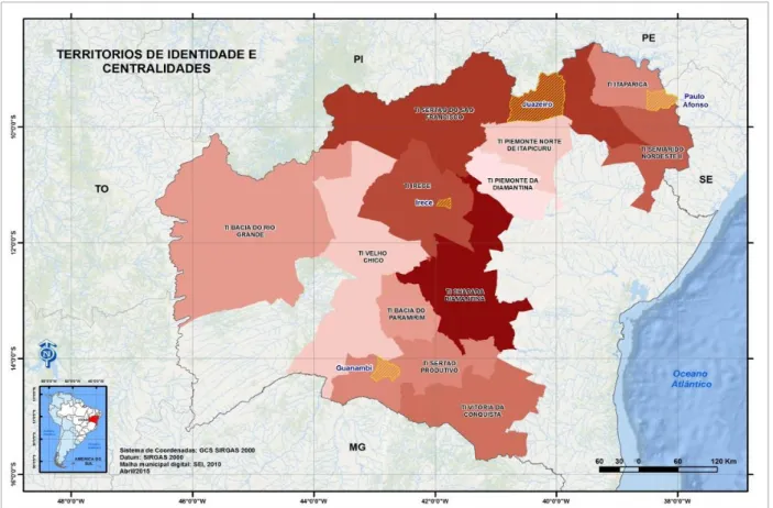 Figura 1.2 Região de Estudo, os Territórios de Identidade e Respectivas Centralidades  Fonte: Elaboração própria com base SEI (2010)