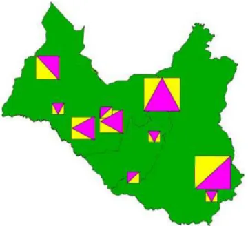 Figura 4.5 Representação da geração de triângulos exatos a partir de quadrados  gerados em uma região base
