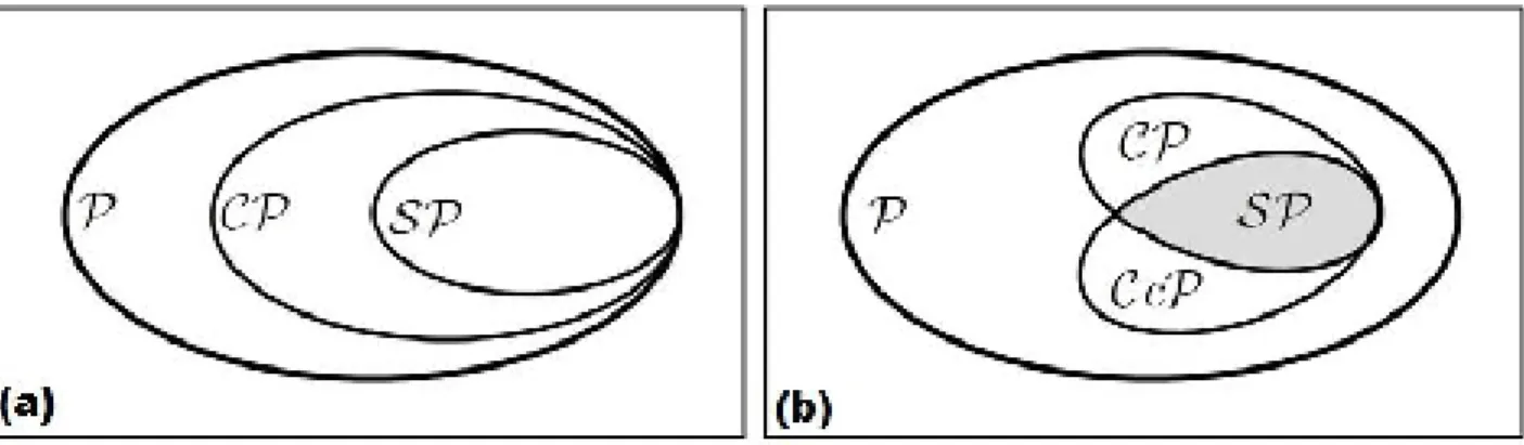 Figura 2.1: Representação de Mapas: (a) Conjunto dos mapas positivos P e seus sub- sub-conjuntos CP e SP : (b) Representação de C c P como imagem de CP com relação à transposição onde SP CP\C c P :