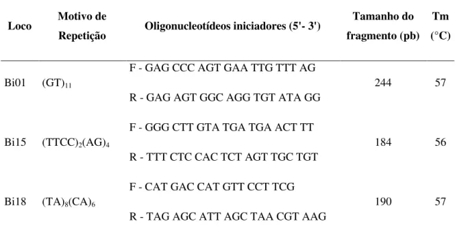 Tabela  1.  Locos  de  microssatélites  com  oligonucleotídeos  iniciadores  específicos  utilizados no presente trabalho