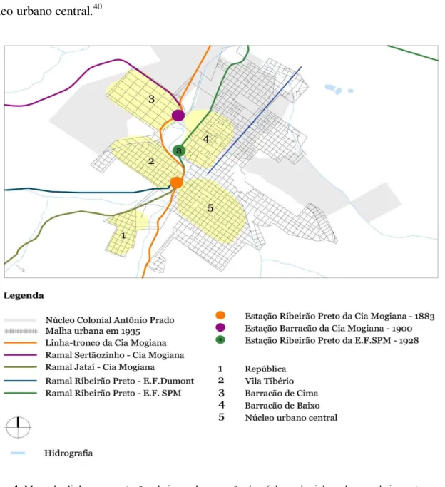 Figura 4: Mapa das linhas com estações, bairros, demarcação do núcleo colonial e cobrança de impostos