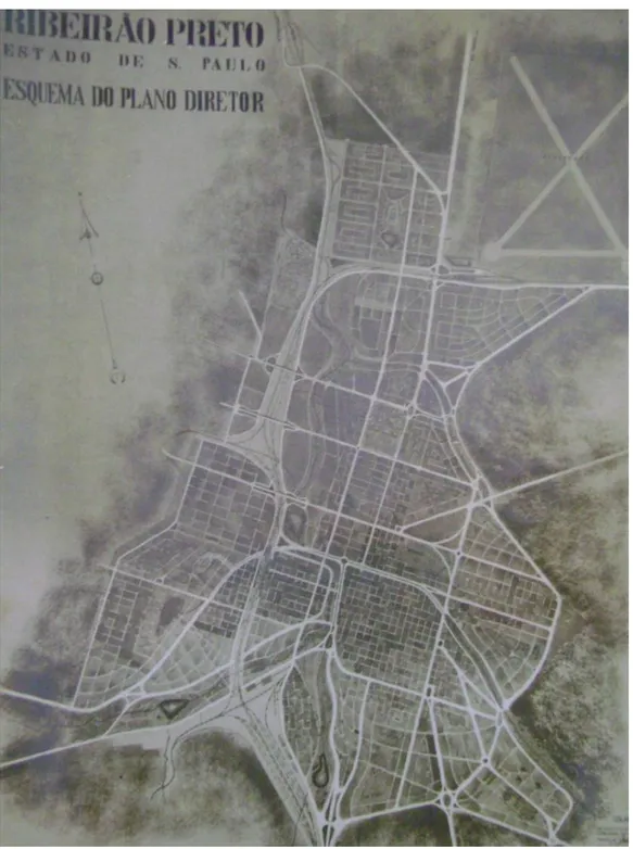 Figura 7: Desenho do Plano Diretor de Ribeirão Preto, elaborado por José de Oliveira Reis com as propostas de  desenho para remodelação da linha-tronco da Cia Mogiana