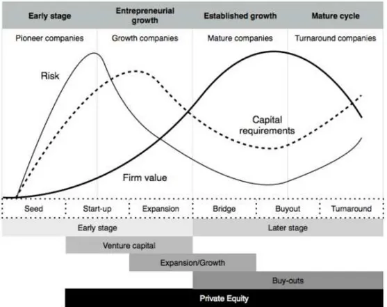 Figure 2 shows the PE segmentation and the financing stages. The seed stage is  only  a  prequel  to  private  equity,  despite  a  latent  need  for  financing.  The  reason  for  this is the absence of management and ample business plans which forces ent