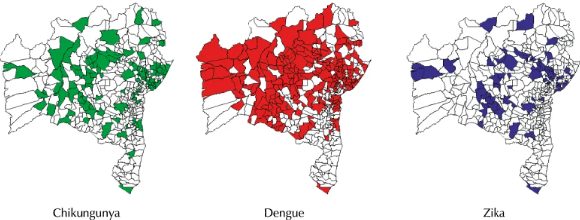Figura 1. Distribuição espacial de amostras positivas das arboviroses (chikungunya,  dengue e zika ) por municípios
