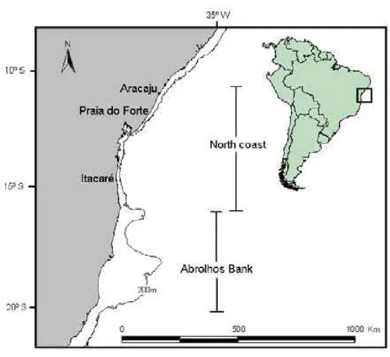 Figure 1 –  Study area, named North coast, located between Itacaré and Aracaju,  Northeastern Brazil