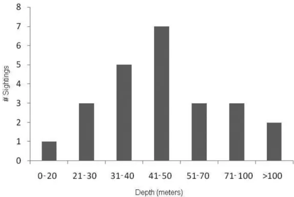 Figure 4: Frequency (number of sightings) of humpback whale groups with singer  males in different depth range, between 2005 and 2009, in the North Coast, Brazilian  breeding ground