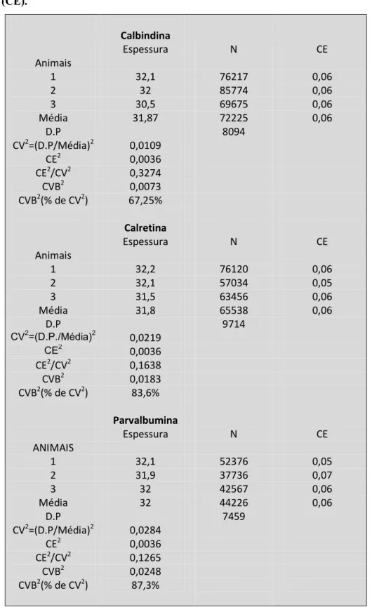 Tabela  7.  Estimativa  do  número  de  células  imunorreativas  para  CB,  CR  e  PV  (N)  com  coeficiente de erro  para a região medial  do córtex pré frontal do sagui