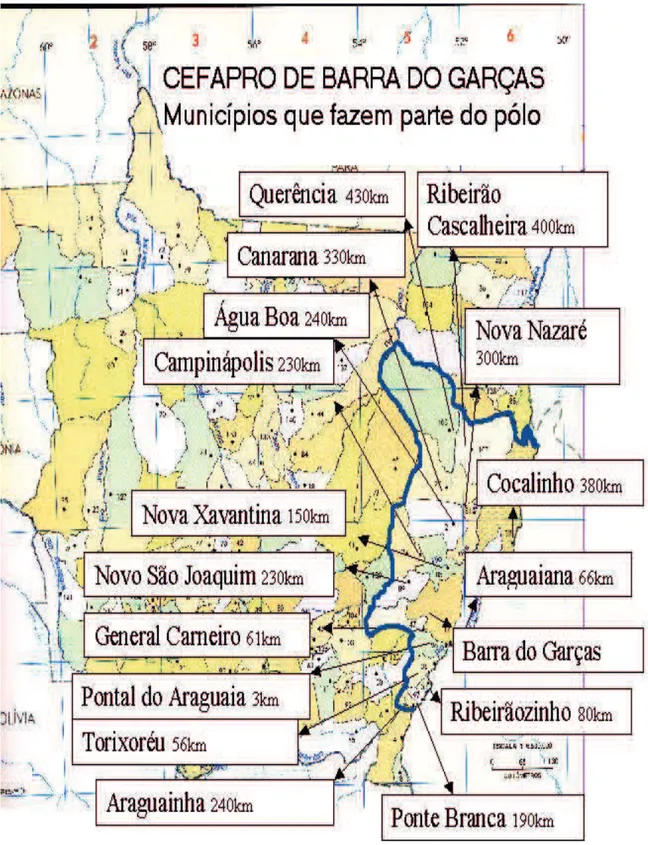 Ilustração 1: Localização em mapa dos municípios pertencentes ao polo do Cefapro de Barra do  Garças