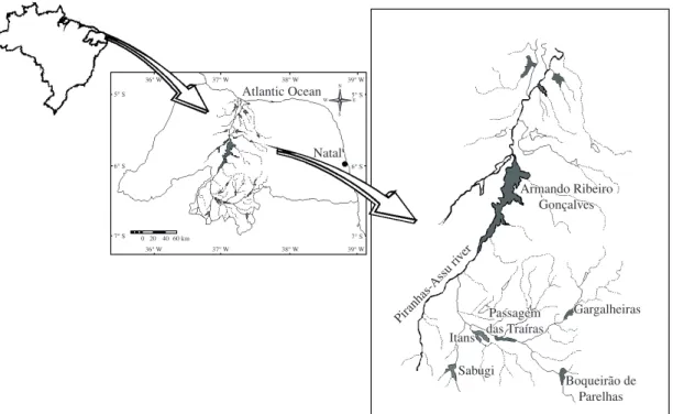 Figure 1. Location  of  the  study  area,  highlighting  the  reservoirs  Armando  Ribeiro  Gonçalves,  Boqueirão  de  Parelhas,  Gargalheiras, Itans and Passagem das Traíras, state of Rio Grande do Norte, Brazil.