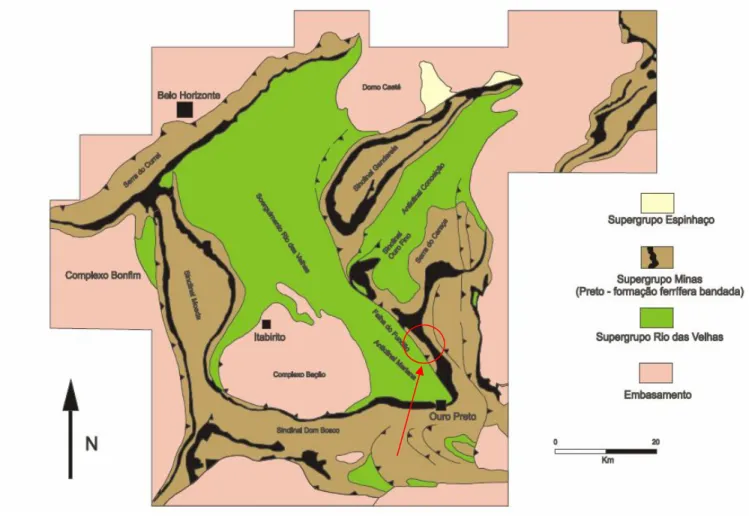 Figura 01 – Mapa geológico simplificado do Quadrilátero Ferrífero. No detalhe a região de estudo que  se situa no Supergrupo Minas no qual ocorre a Formação Cauê onde se encontram os itabiritos, rochas  ocorrentes na área estudada (Fonte: Modificado de Alk