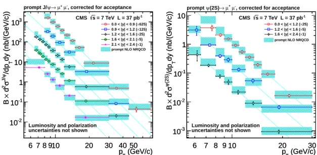 Figure 4: Measured differential cross section for prompt J/ ψ and ψ ( 2S ) production (left and right, respectively) as a function of p T for different rapidity bins