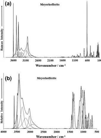 Fig. 6. (a) Raman spectrum of meyerhofferite (upper spectrum) in the 800–