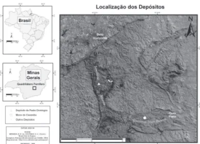 Figura 1: Localização das áreas de estudo no Quadrilátero Ferrífero,  Minas Gerais.